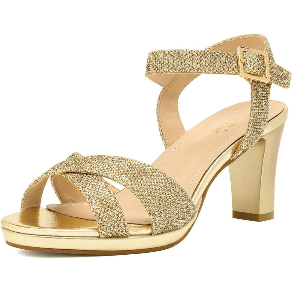 Women’s Open Toe Ankle Strap Sparkly Strappy Chunky Heel Pump gold Sandals